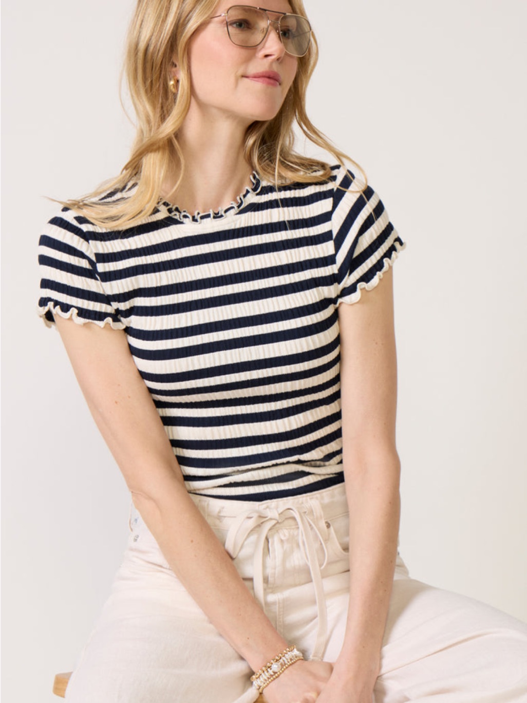 Nation Ribbed Navy And White Striped Short Sleeve Tee